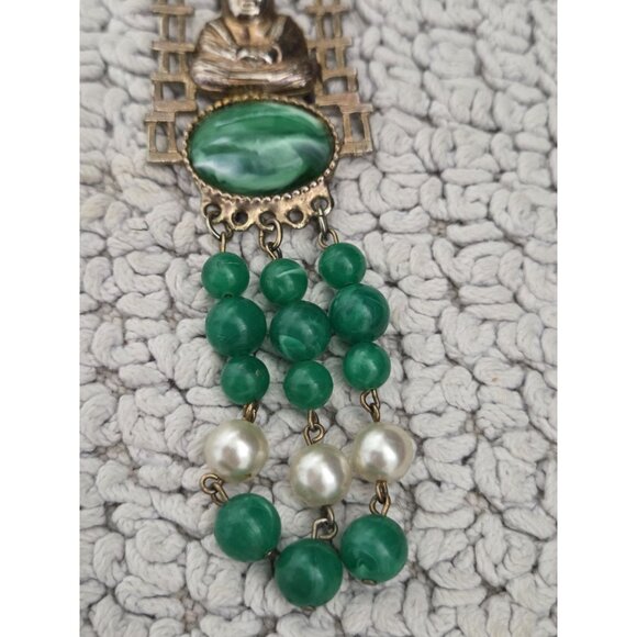 Vtg Gold Tone Buddha Green Beaded Statement Fringe Brooch Pin - Picture 8 of 9